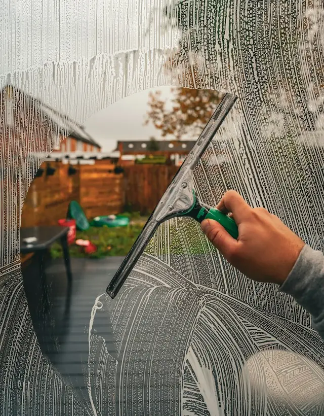 Fensterabzieher auf einer nassen Glasscheibe